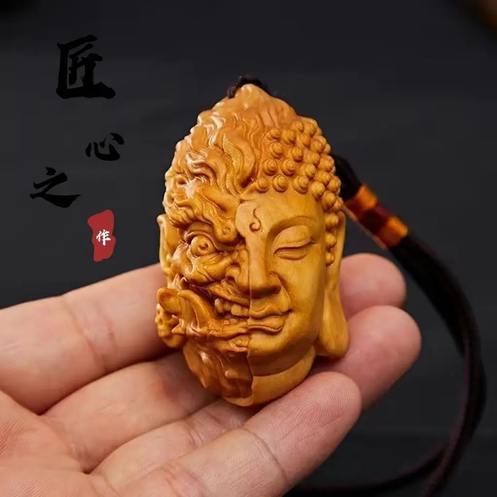 Taihang Thuja One Nian Handle Piece Wood Carving Carving Buddha Devil Head Pendant Men's Carry-on Handle Piece Crafts