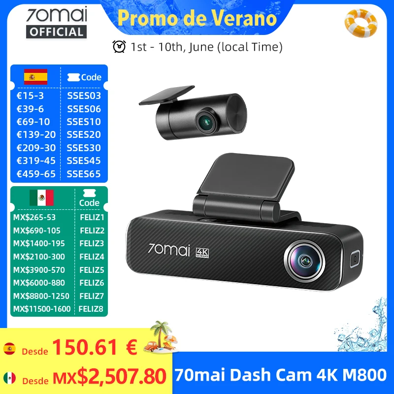 70Mai Dash Cam 4K M800 2160P Emmc Incorporado 128Gb Gps Adas Soporte 24H Protector De Estacionamiento 4G Compatible Versión Mejorada. De 70Mai M500 — -49%, 216.4€ Coupon, from 218.10€ – 49% descuento – €218.10