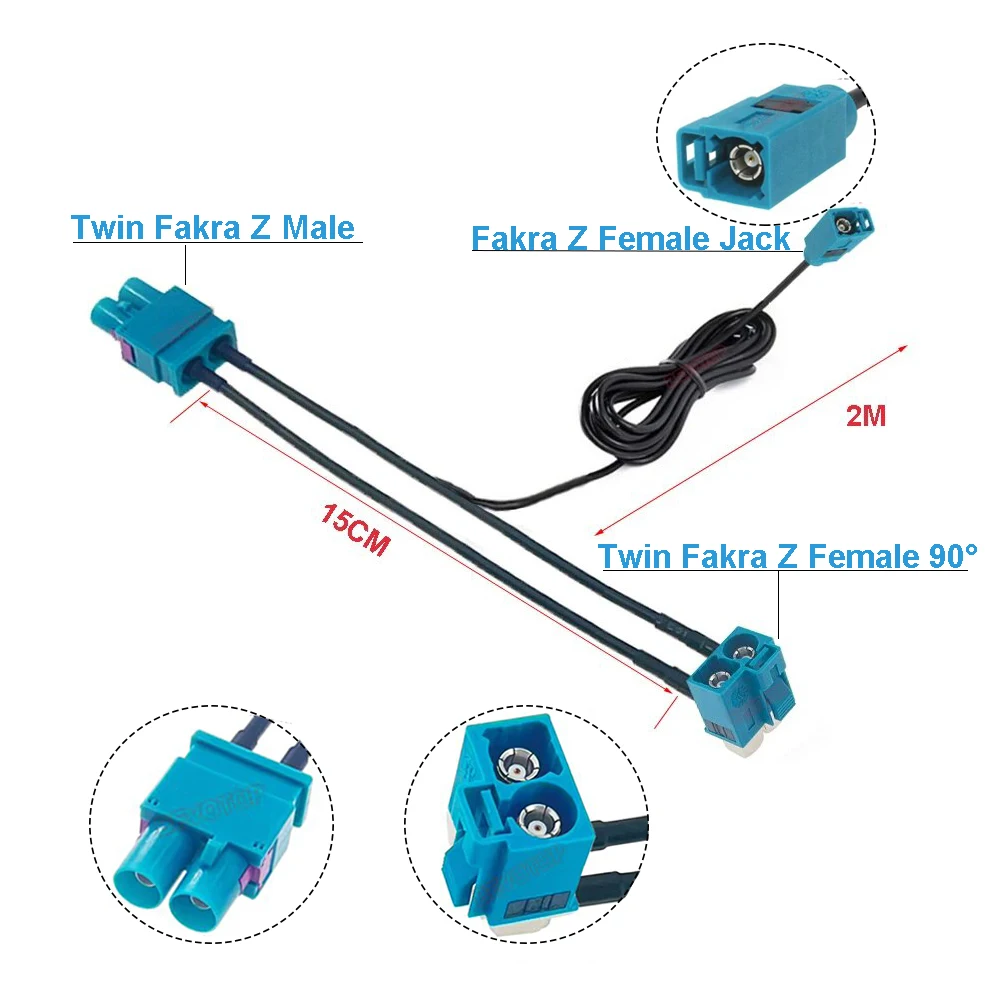 1PCS Twin Fakra Z Male Female to Fakra Z 15CM + 2M Splitter cables With Diode Custom-made RF Coaxial Cable Junper BEVOTOP