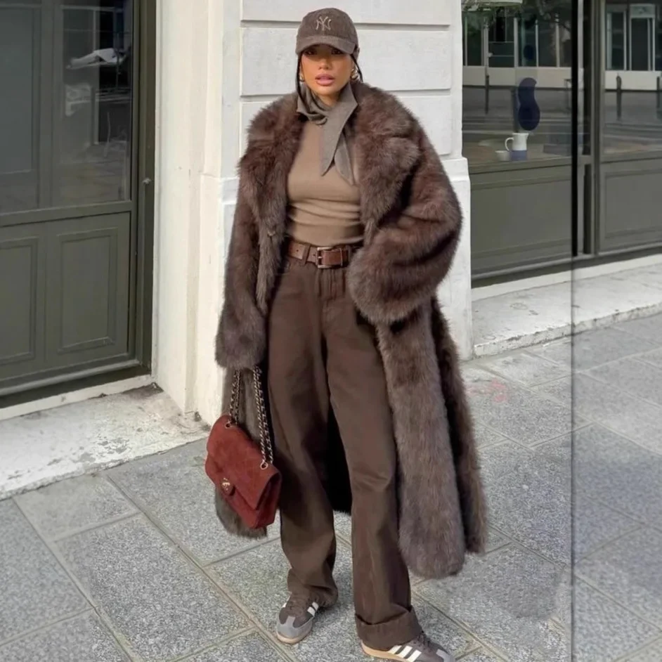 Inverno feminino engrossado jaqueta de pele artificial marrom terno colarinho casaco senhora eco pele outwear fofo solto longo feminino casaco de pele do falso