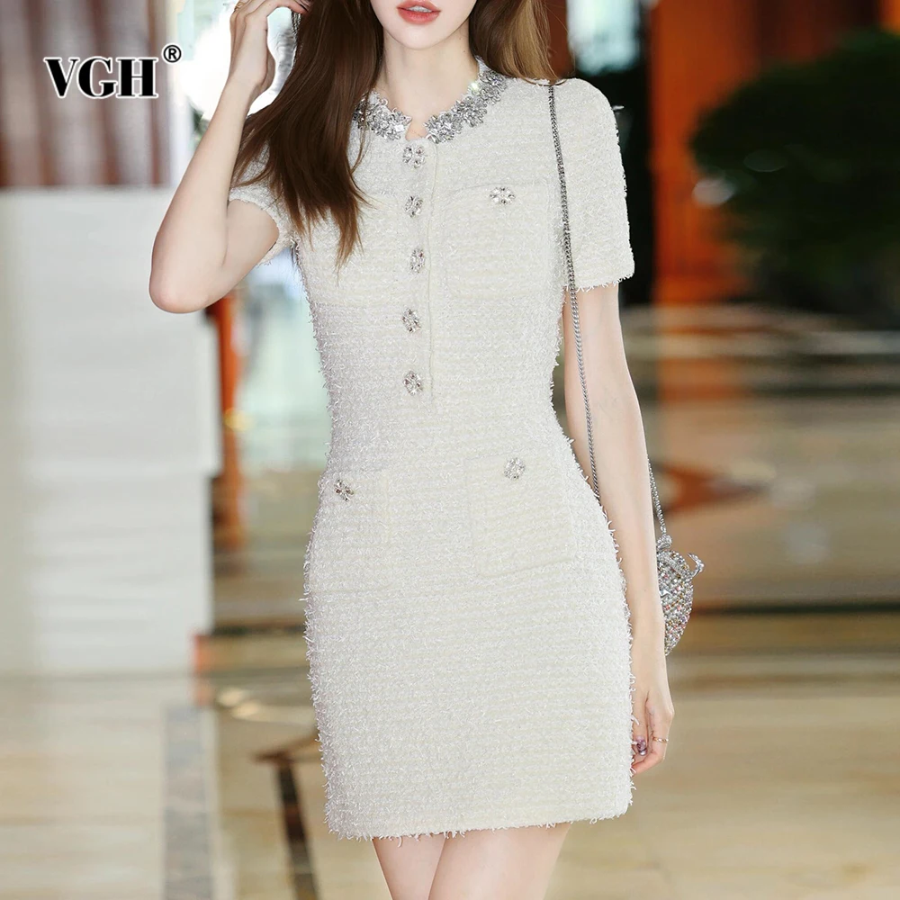 

VGH Elegant Solid Slimming Mini Dresses For Women Round Neck Short Sleeve High Waist Spliced Button Chic Dress Female Fashion