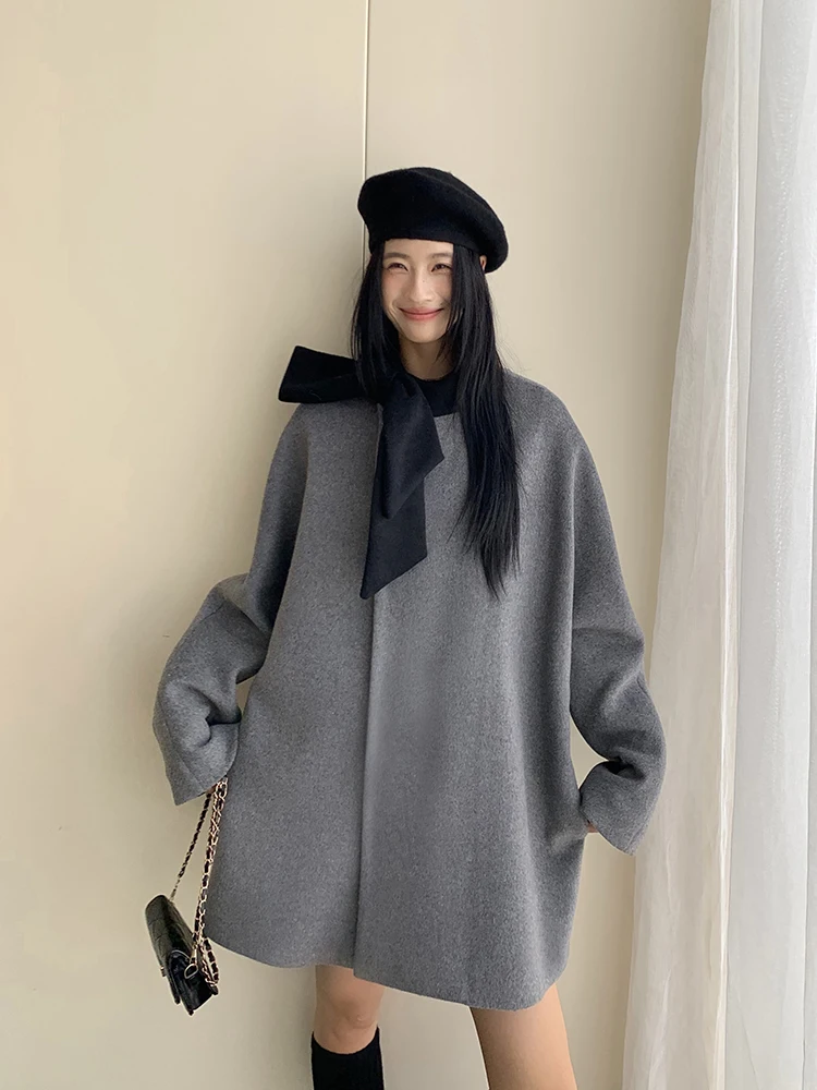 

Buou Hepburn Sle Color Blo шерстяное пальто трикотажа для девочек длинное све круглое Ne стандартной длины зимний дизайн