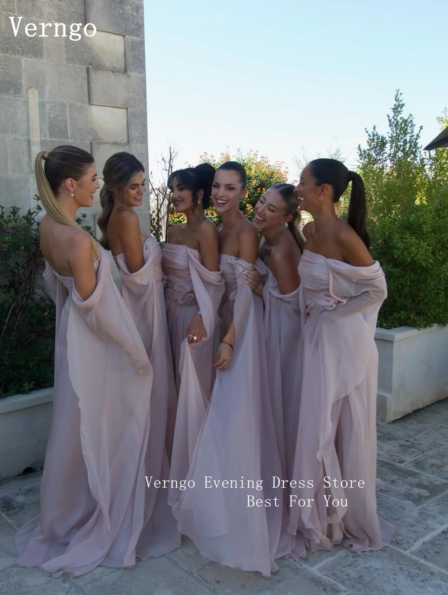 Verngo-vestido de noche de gasa rosa rubor con hombros descubiertos, línea A, vestidos para ocasiones formales, elegante vestido de graduación personalizado