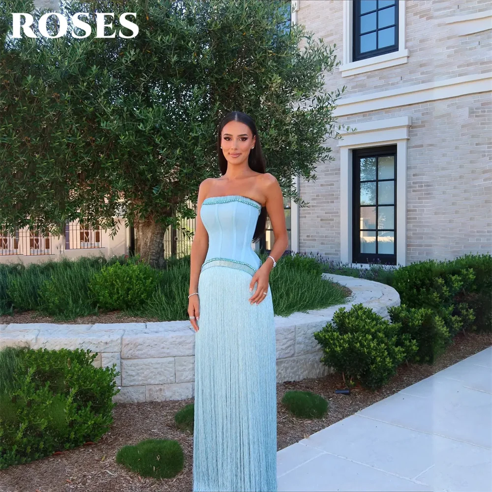 ROSES Blue Satin Party Dress Strapless Sleeveless فساتين السهرة Night Dress with Tassel Celebrity Dress Customized image 3
