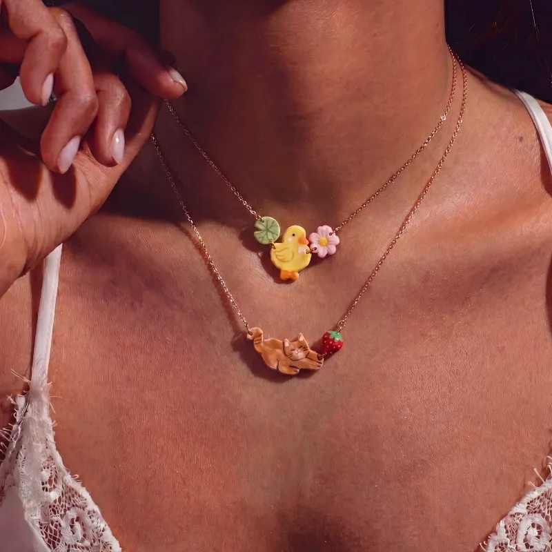 2026 Cute Cartoon Animal Pendant Necklace Duck Rabbit Cat Rooster Strawberry Flower Chain Necklace Women Sweet Jewelry Gift