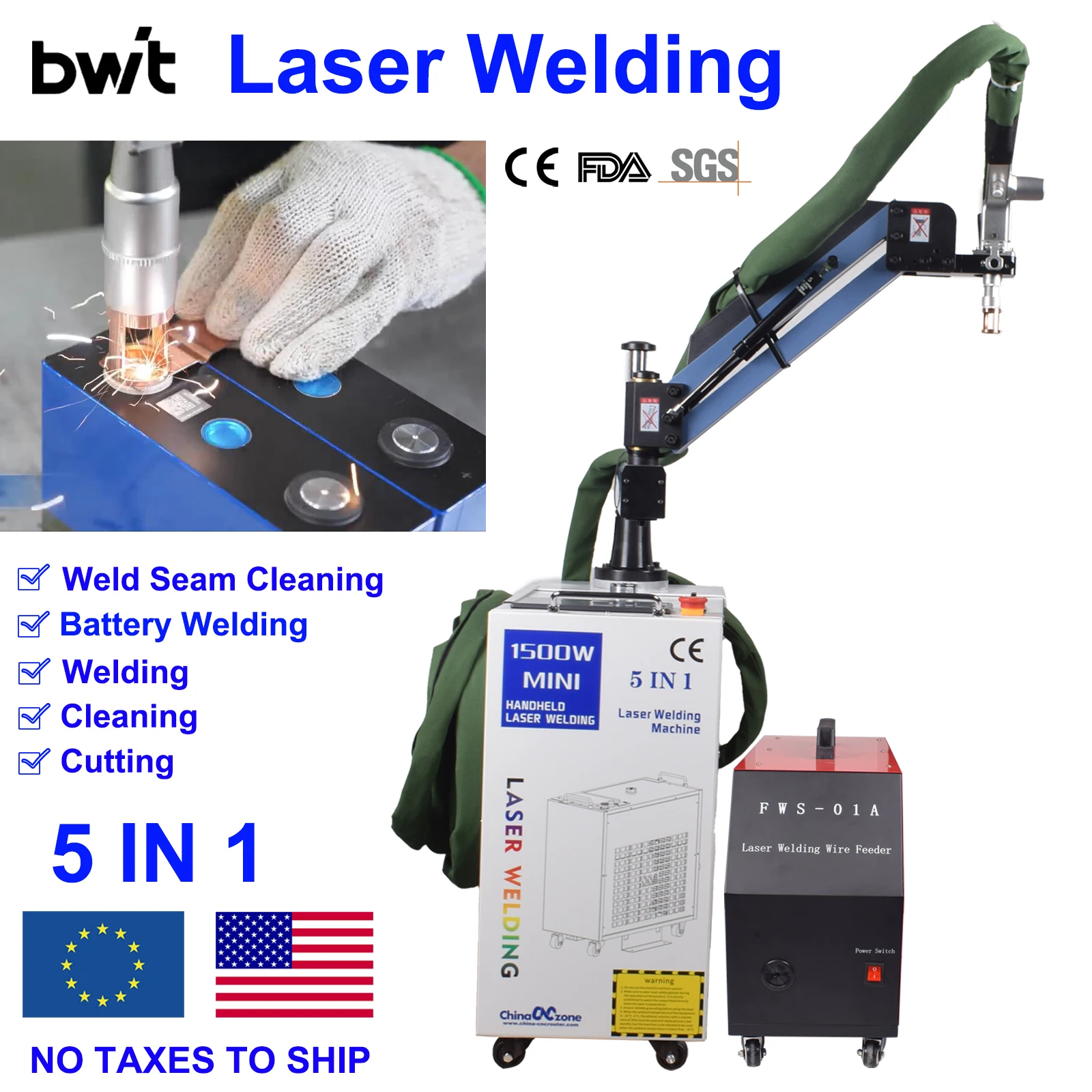 

5 in 1 Fiber Laser Battery Welding Cleaning Cutting welding Machine Double Wobble BWT 1500W Handheld Laser Welder for All Metal