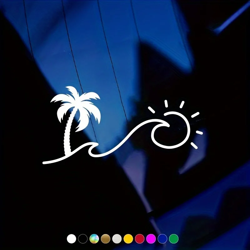 

Виниловая наклейка с изображением тропической пальмы и солнечной волны, устойчивая к воздействию погодных условий, для автомобилей, грузовиков, внедорожников и мотоциклов