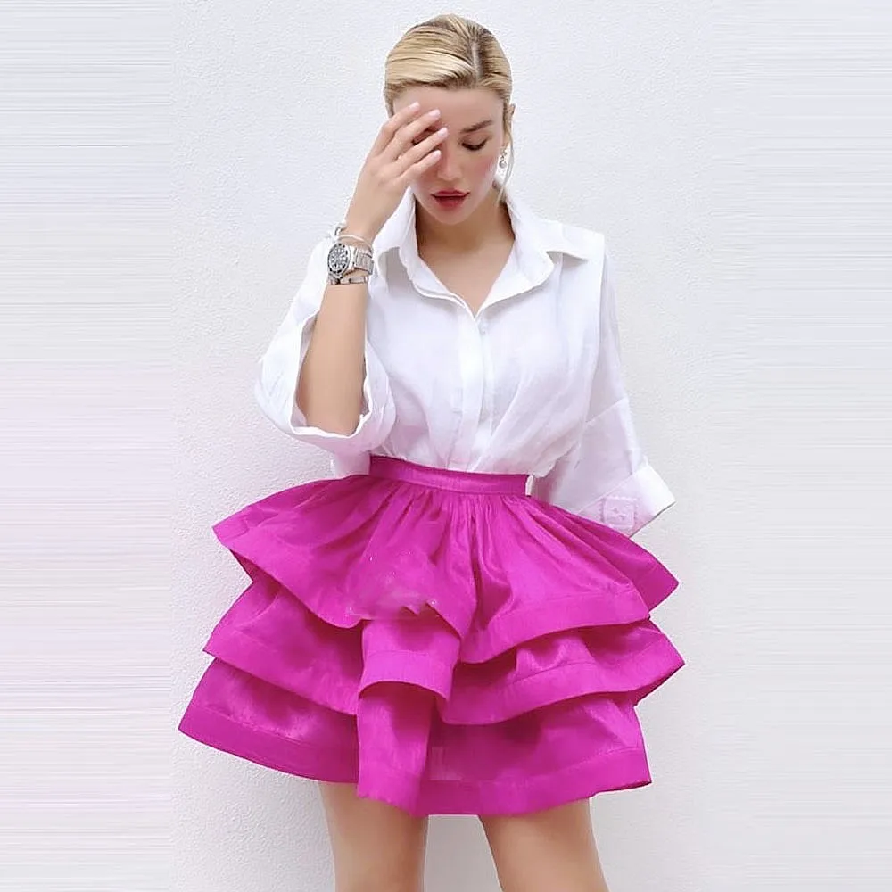 تنورة نسائية قصيرة متدرجة باللون الفوشيا بخصر عالٍ فوق الركبة تنانير حفلات faldas para mujeres تنورة عيد ميلاد للسيدات بدون أكمام