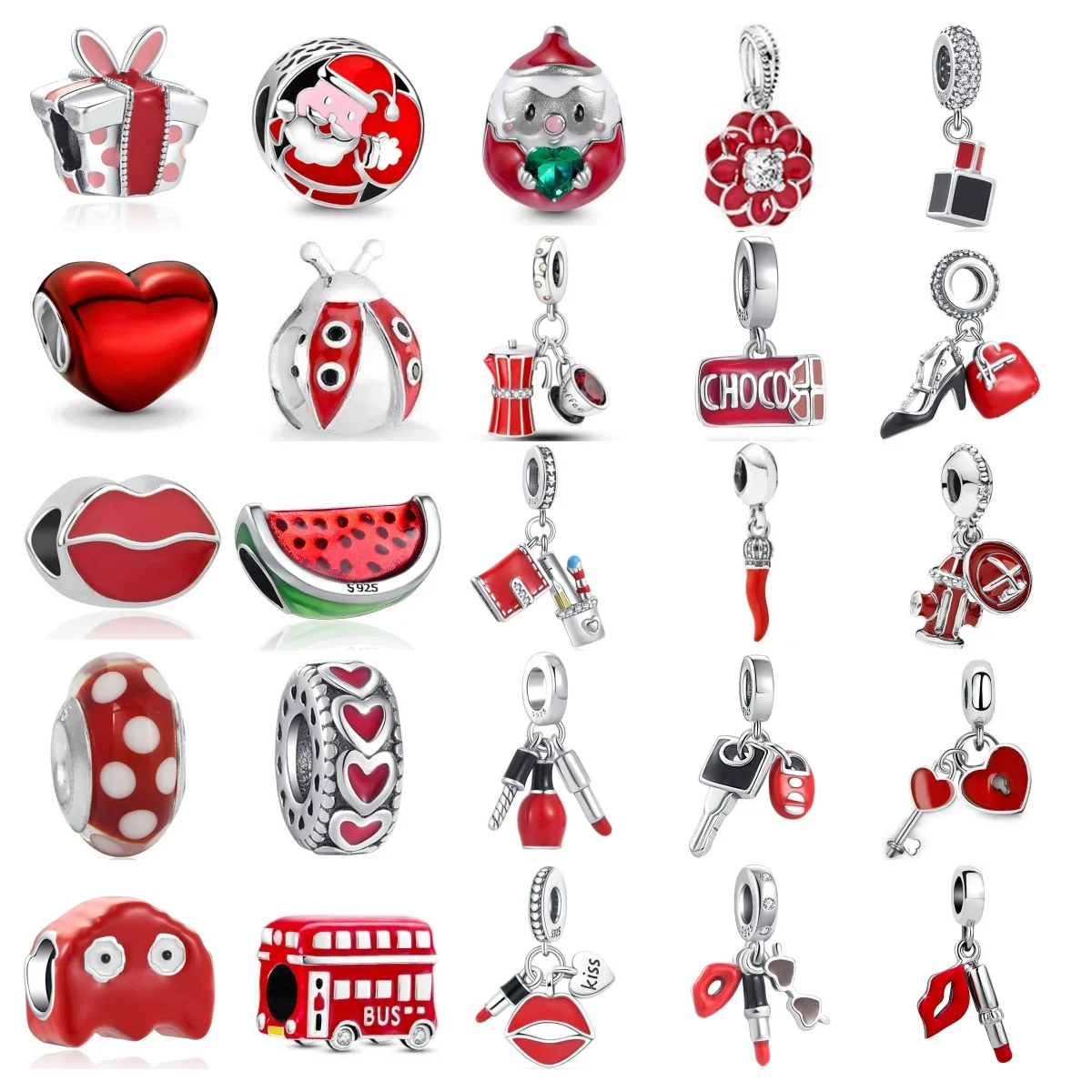 2024 925 Silver Red Mouth Bus Charm Key lipsticks Pendant Dangle Bead Fit Original Bracelet For Women DIY Fashion Jewelry Making