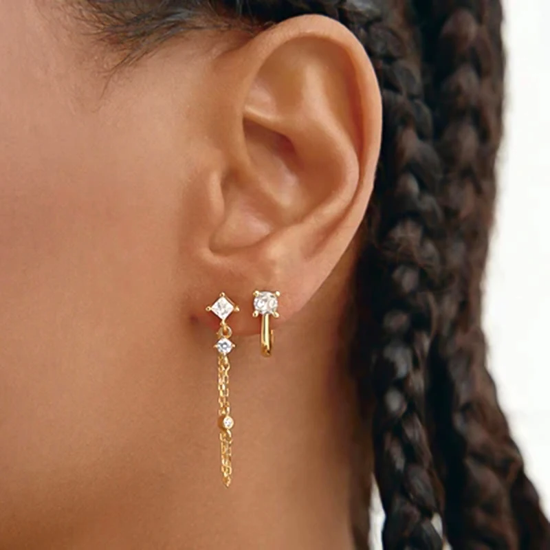 925 Sterling Silver Needle Crystal Tassel Chains Stud Earrings for Women Exquisite Long Chain Pendant Earrings Wedding Jewelry