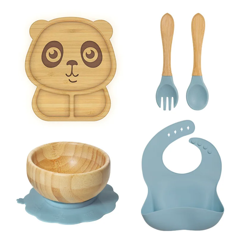 Bamboo Fiber Silicone Suction Kids Baby Food Child Wooden Organic Plates Dish Spoon Baby Feeding Set