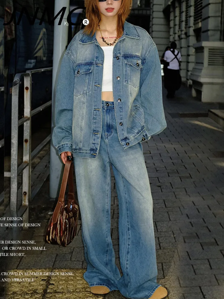 

JNMC Fashionable Temperament Washed Denim Jacket Wide Leg Pants Set For Women 2024 Spring And Autumn New Item