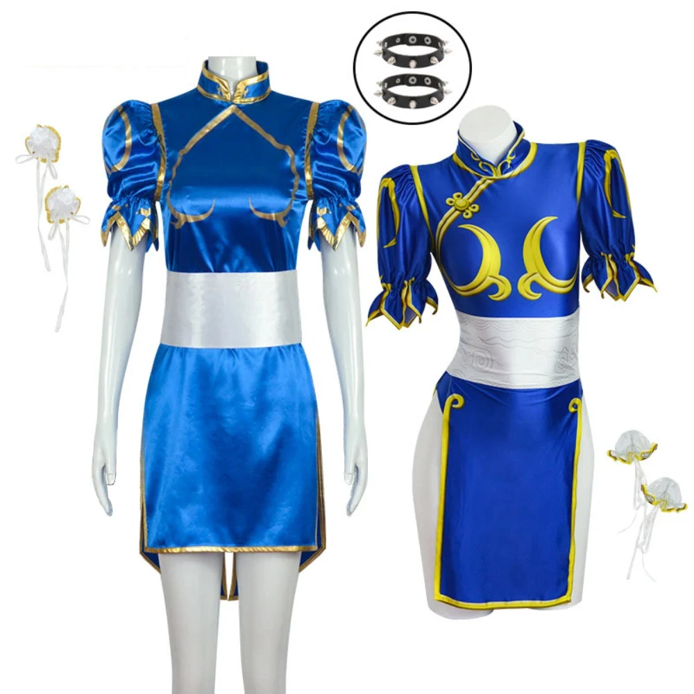 

Games Chun Cosplay Costume Blue Cheongsam Dress Belt Headgear Outfit for Women Girls Clothes Halloween Carnival Party Role Play