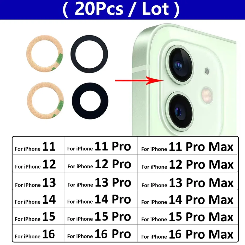 20Pcs ，Back Rear Camera Glass Lens With Ahesive Sticker For iPhone 11 12 13 14 15 16 Pro Max Plus Mini