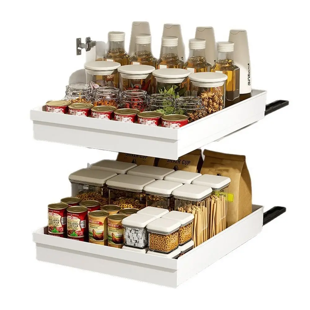 

Pull-out Kitchen Storage Rack Anti-slip Large Capacity Spice Box Storage Rack with Slide Rails Plastic Drawer Type Storage Tray