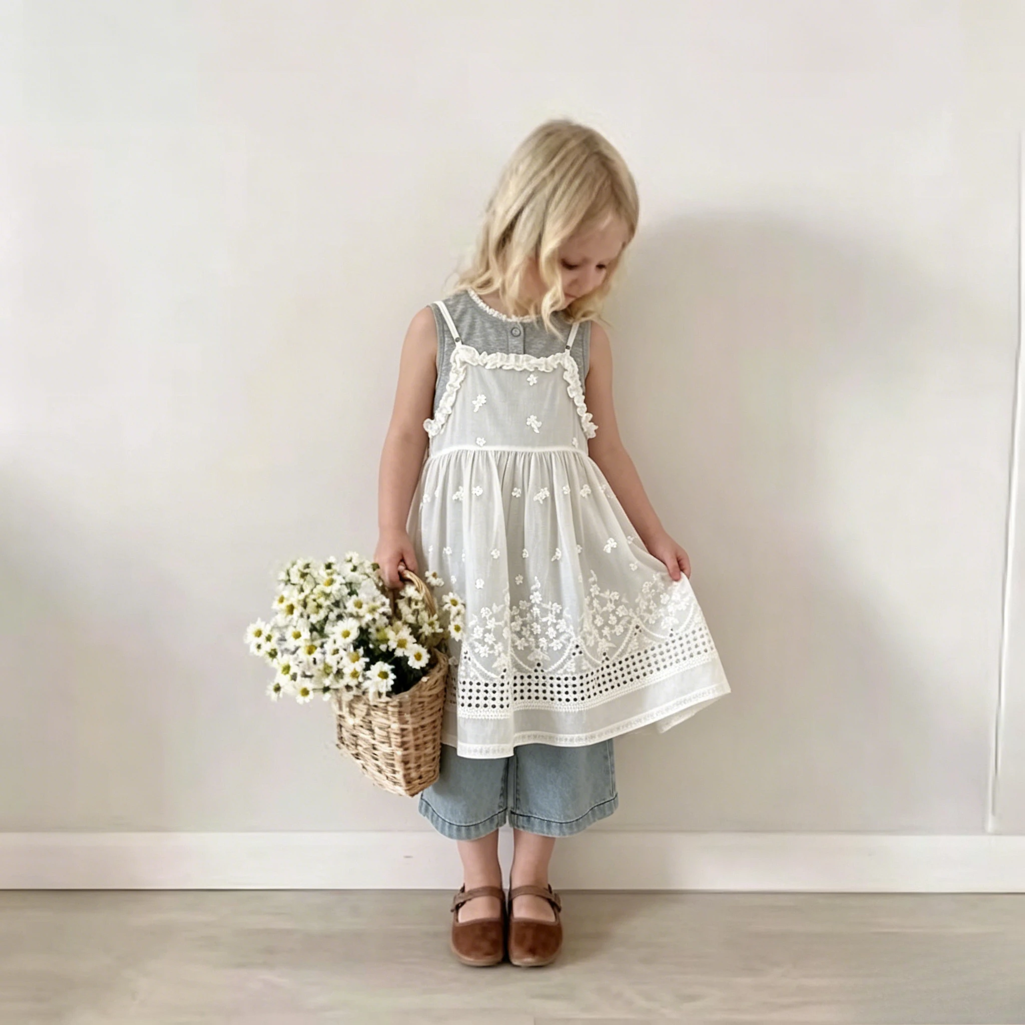

Girls 2026 Summer Fashionable Style New Korean Lace Vest Kids Embroidered Lace Cotton Soft Camisole Dress