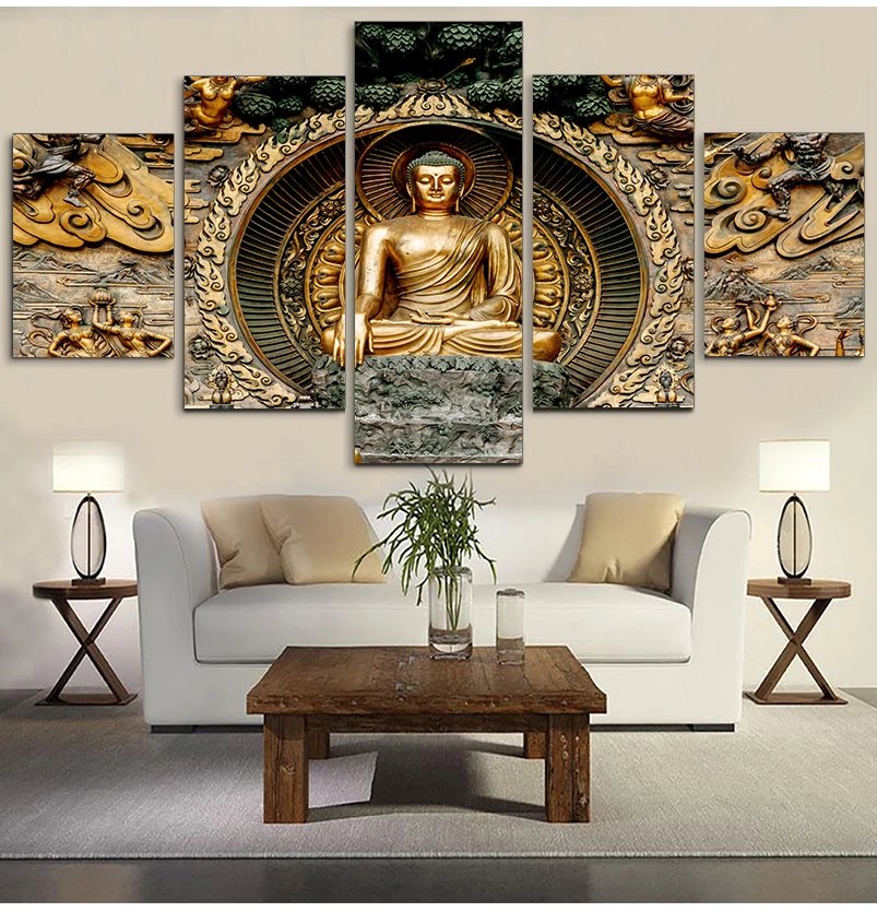 

ArtSailing HD Print 5 Piece Canvas Art Golden Abstract Buddha Painting Wall Pictures For Living Room Posters Home Decoration