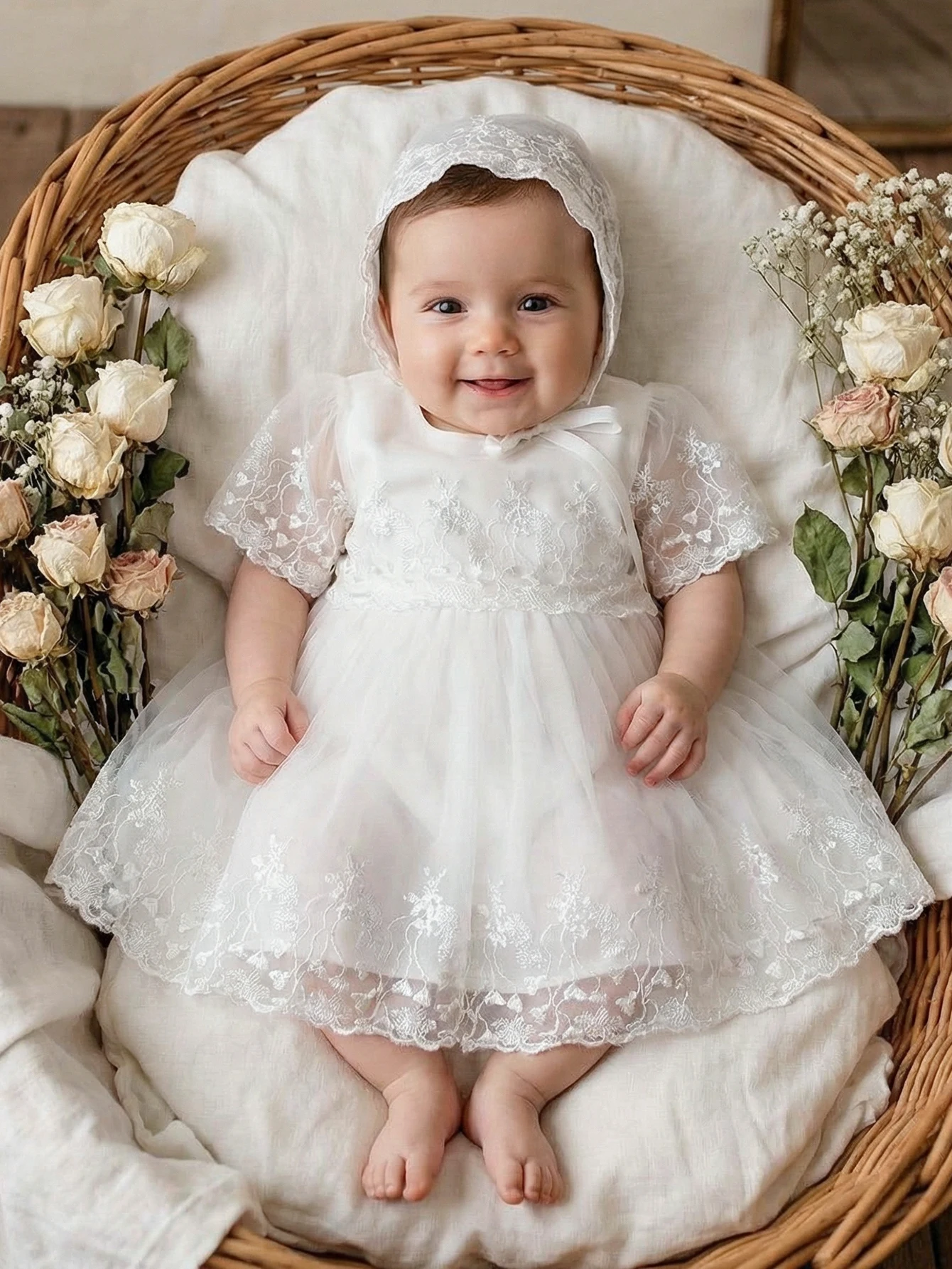 Baby Girl Dress, White Baptism Dress, Lace Baby Dress, Fluffy Chiffon Skirt for 0-2 Year Old Infants, Weddings, Parties, Vacatio 3