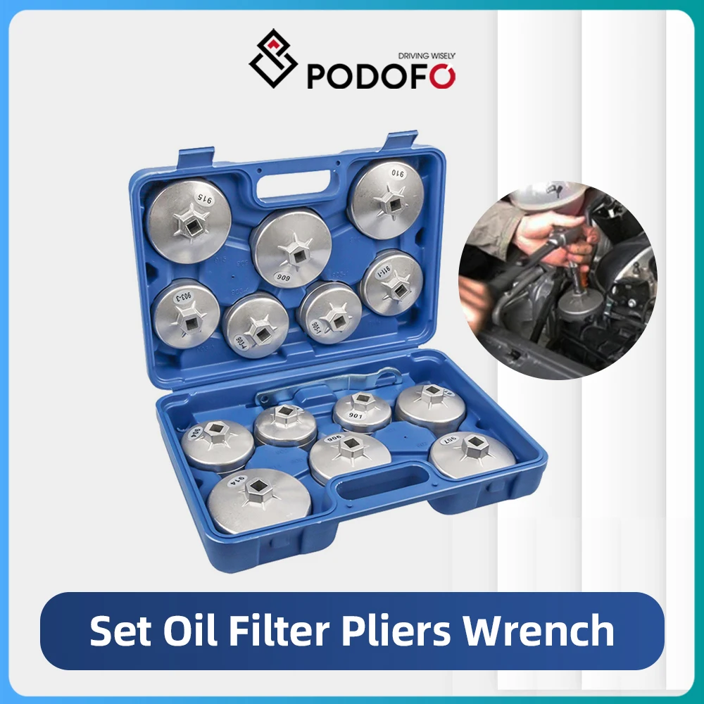 Podofo Set Oil Filter Pliers Wrench 15 pcs Aluminum Alloy Oil Filter Key Set Cup Set Removal Tool Set