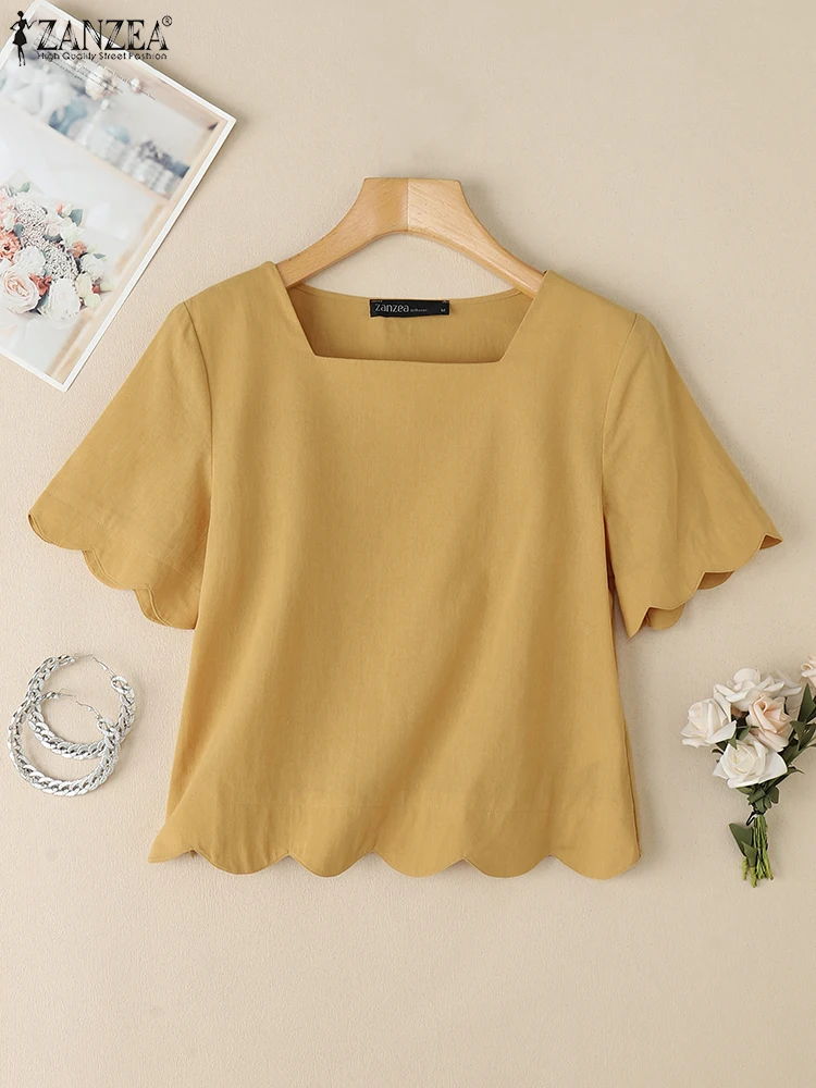 

ZANZEA Scalloped Hem Cotton Linen Smock Tops Summer Short Sleeve Casual Women Blouses Square Neck Fashion Elegant Blusas Mujer