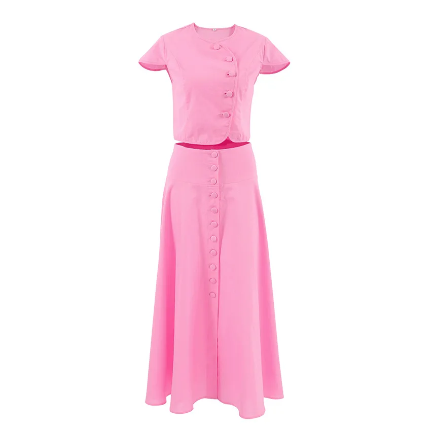

Ele Pink irt And Skirt Set Women's Summer Faion Two-Piece Outfit Long Dr Classy Sle Button-Closure round Ne ...