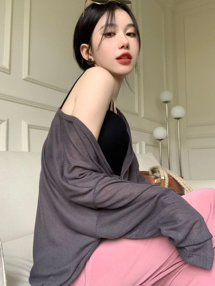 Long Sleeve T-shirts Women Solid Loose V-neck Cozy Thin Summer Sun-proof Design Spring Футболка Женский All-match Ulzzang Style