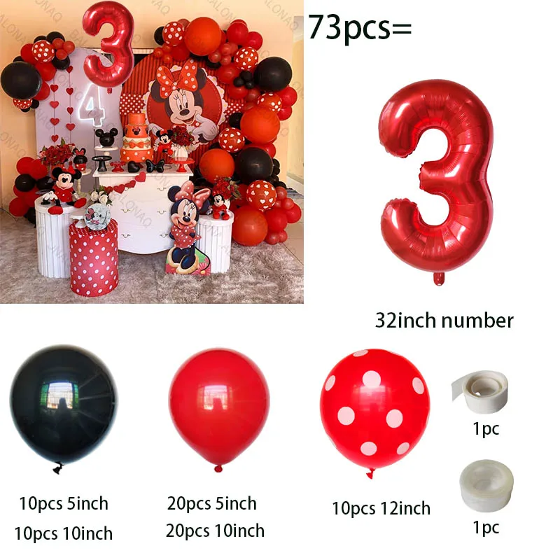 73pcs Minnie Mickey Mouse Theme Party Balloons Set Red Black Latex Balloon Baby Shower Kids Birthday Decors Supplies