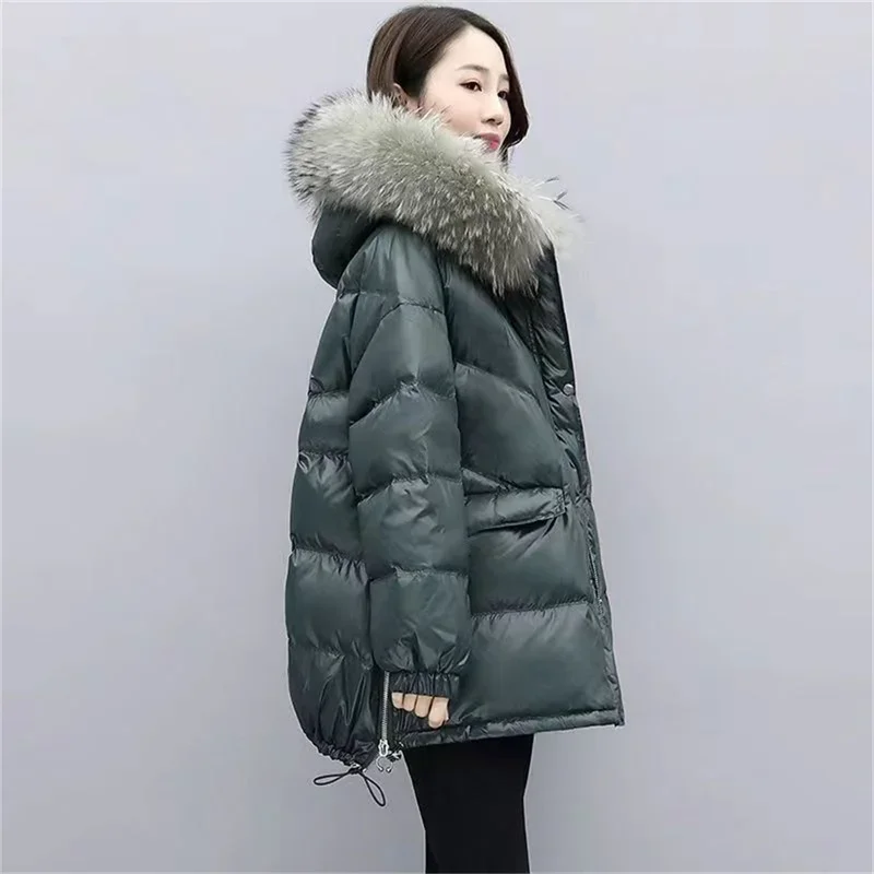 Down Cotton Jacket 2024 New Women's Mid Length Korean Version Loose Fitting Thick Jacket Large Woolen Collar Winter Hooded