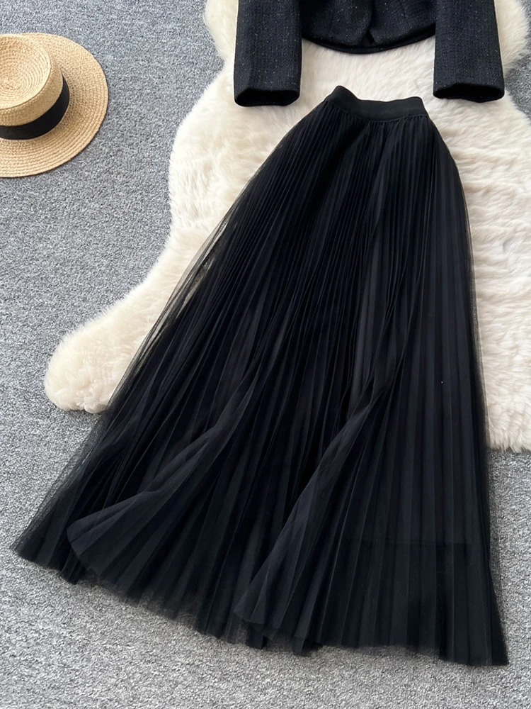 Elegant Rhinestone beading jacket Women's  2 Piece set 2026 Spring Autumn Tweed coat with belt and Mesh midi skirt INKEO 5O135