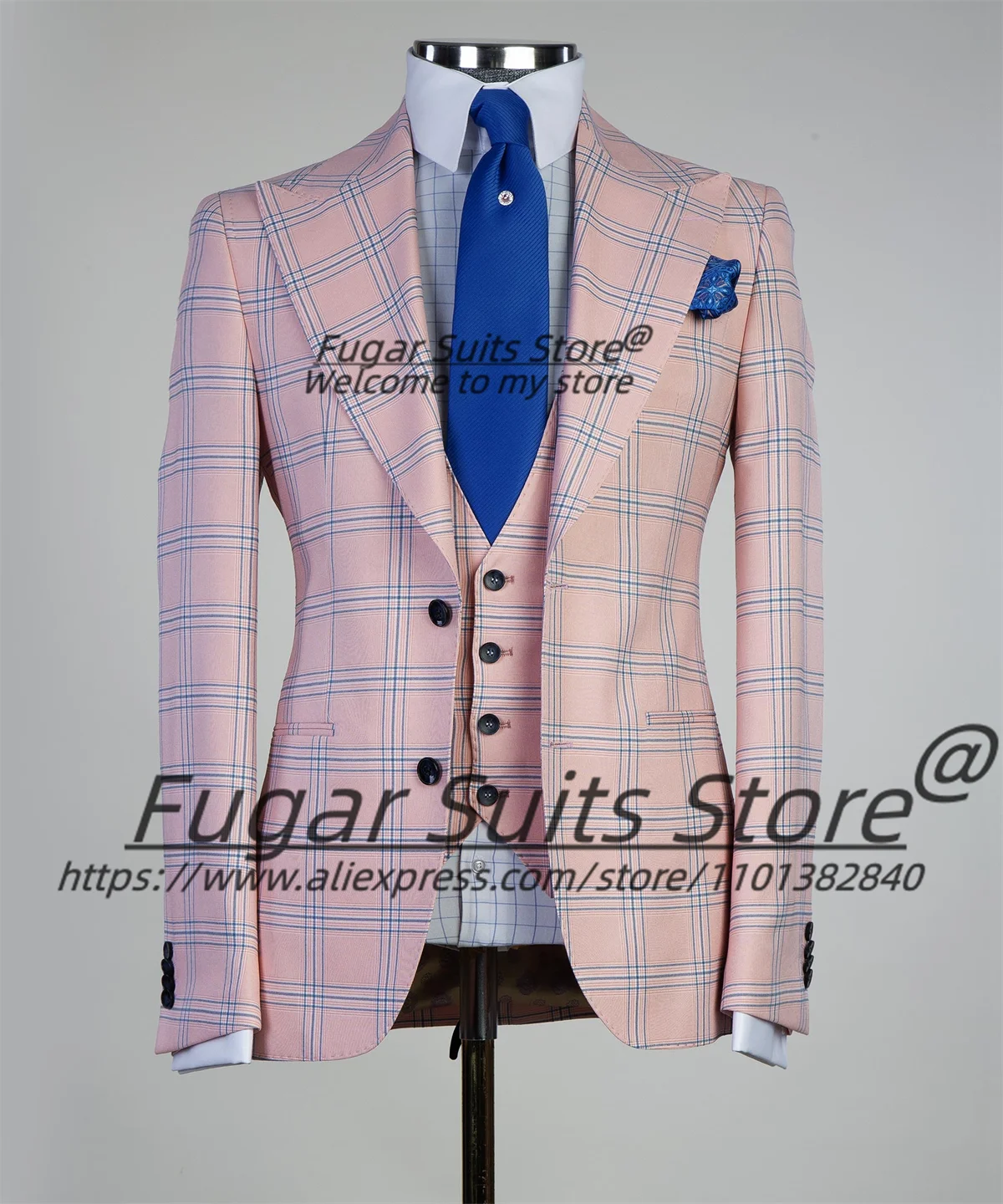 High-end Pink Plaid Men Suits Slim Fit Peak Lapel Groom Prom Tuxedos 3 Pieces Sets Elegant Male Blazers Fashion Terons Masculino