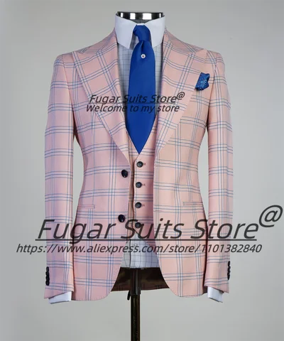 High-end Pink Plaid Men Suits Slim Fit Peak Lapel Groom Prom Tuxedos 3 Pieces Sets Elegant Male Blazers Fashion Terons Masculino