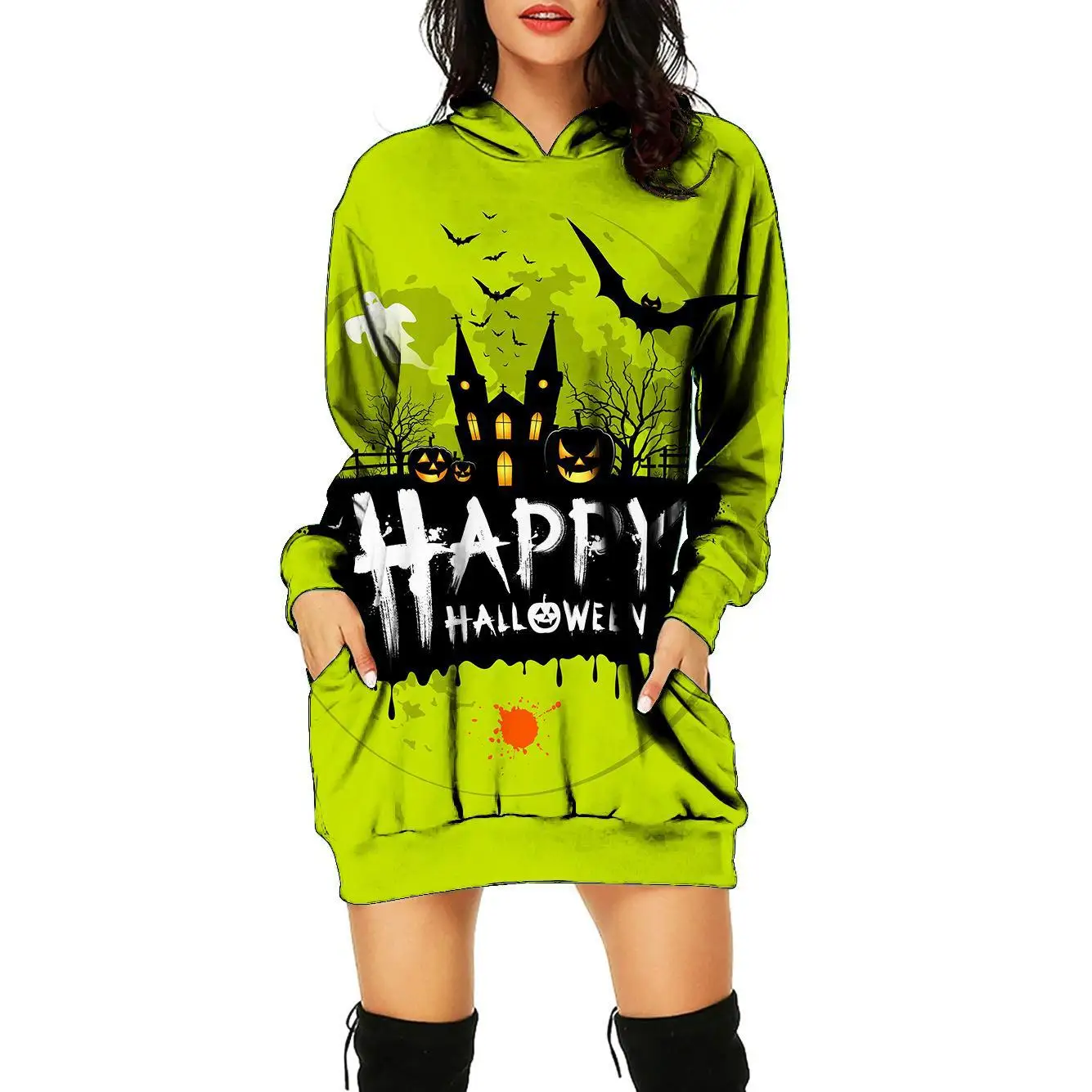 2024 Fall Halloween Women's Long O neck Hoodie Thin 3D Printed Pumpkin Pattern Long Sleeve Hoodie, Pullover Drop Shoulder Hoodie