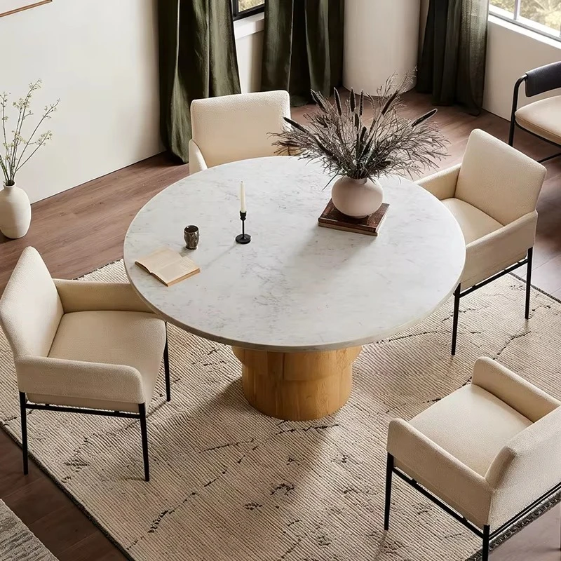 km-Round Dining Table with Natural Marble Top and Solid Wood Base Clean Lines and Organic Material Contrast Mesa De Comedor%