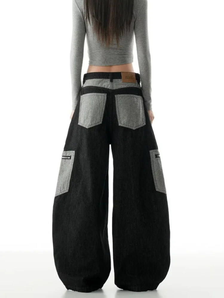 2026 Cyber Y2K Streetwear Contrast Color Black Baggy Women's Cargo Jeans Pants For Woman Clothing Wide Leg Loose Long Trousers