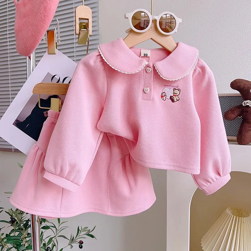 

Korean Girl Clothing Set 2024 Autumn New Girl Cotton Long sleeved Polo Collar Sweater Half Skirt Two piece Set