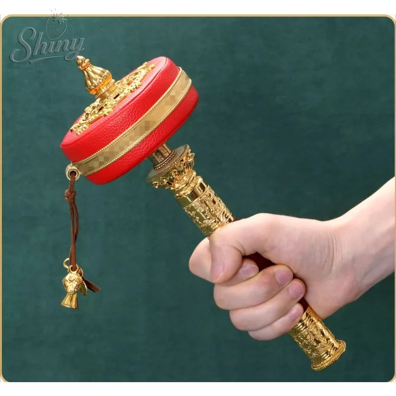 

Hand cranked prayer wheel, Red leather sandalwood handle, Double bearing scripture drum, Portable Buddhist prayer ornament