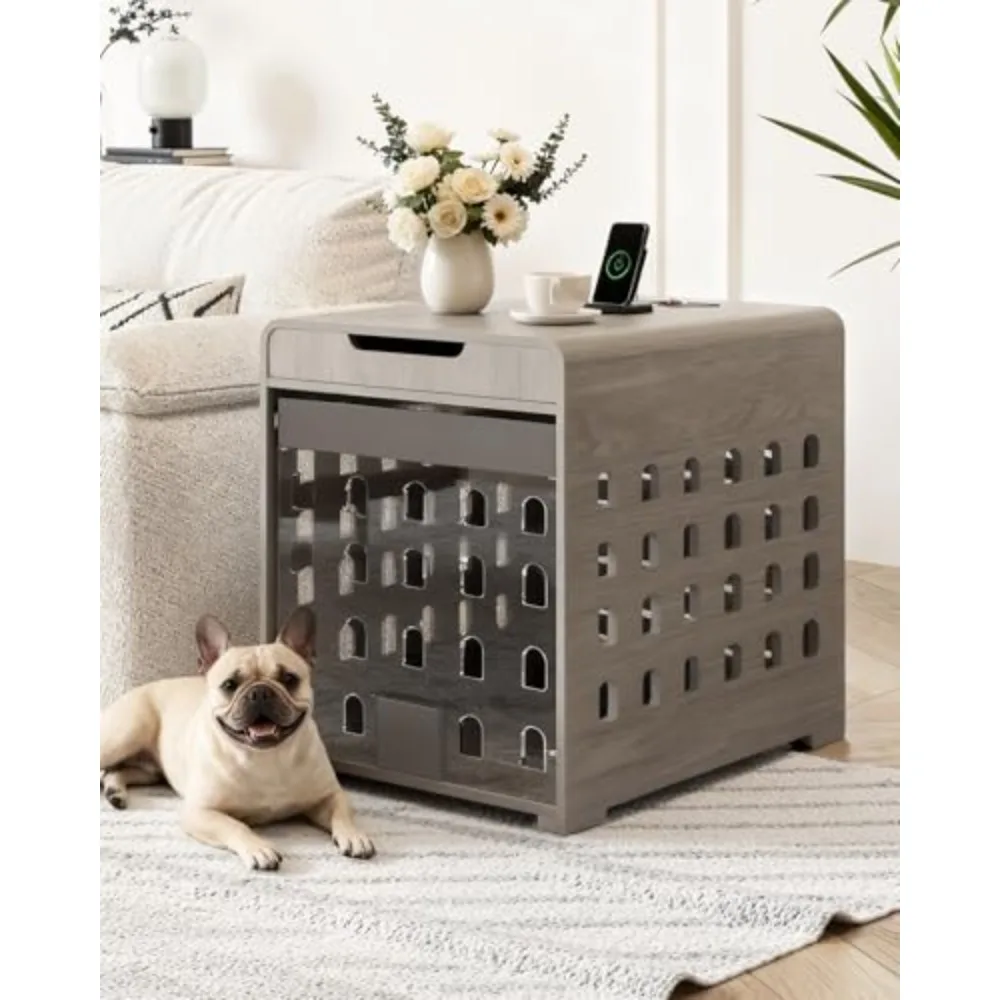 Modern Dog Crate Furniture with Charging Station Medium Kennel Indoor with Flip-up Hidden Acrylic Door for Small and