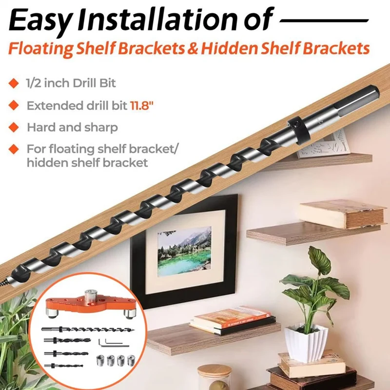 AT51-Dowel Jig Kit لقوس الرف العائم (1/2 بوصة × 11.8 بوصة مثقاب) دليل الحفر للرف، مثقاب ثقب التمركز