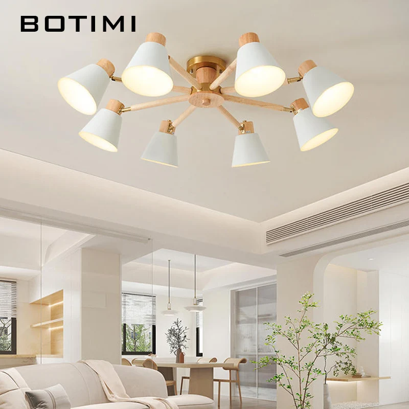 

BOTIMI Interior Decor Solid Wood Chandelier With White Metal Lampshades For Foyer Designer Wooden Bedroom Lights Nordic Lustre