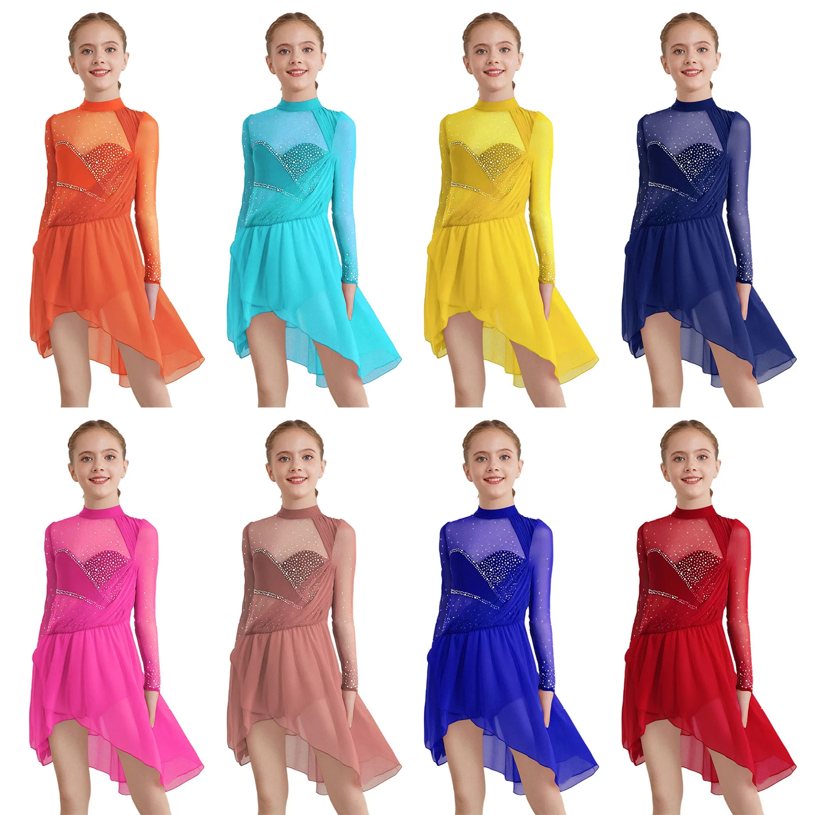 

Kids Girls Ballet Costume Long Sleeve Figure Skating Dance Leotard Dress Sheer Mesh Gymnastics Jumpsuit Stage Performance Wear
