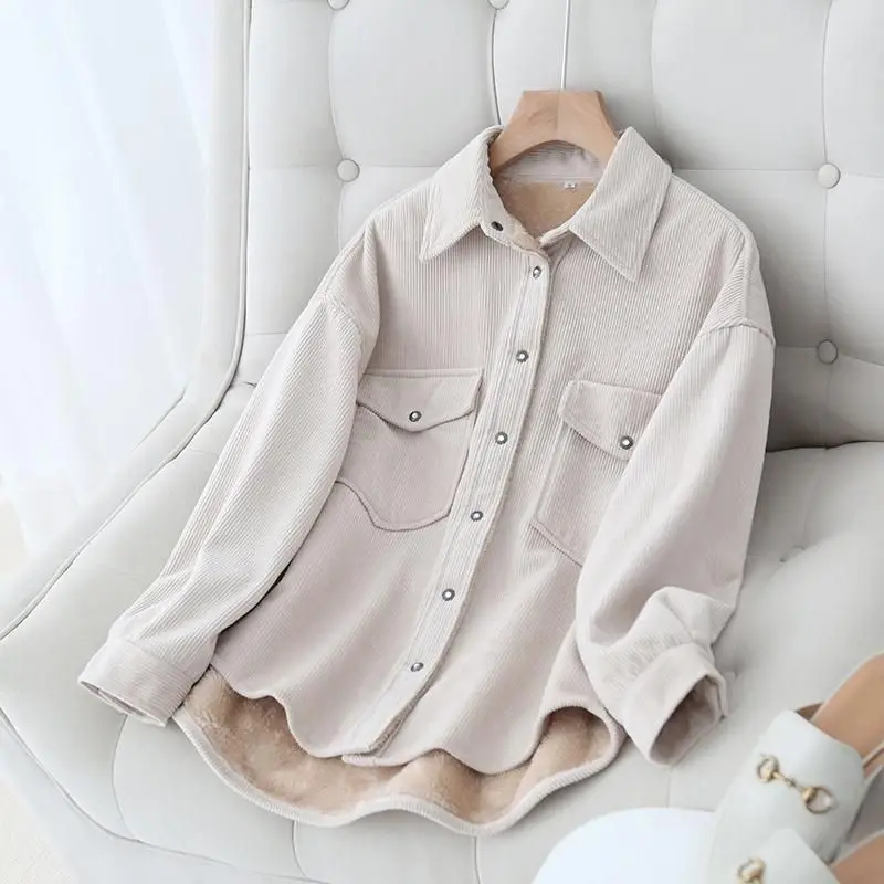 Autumn And Winter New Plus Velvet Padded Soft Corduroy Shirt Women\'s Casual Korean Version Of The Bottoming Loose Warm Shirt Top