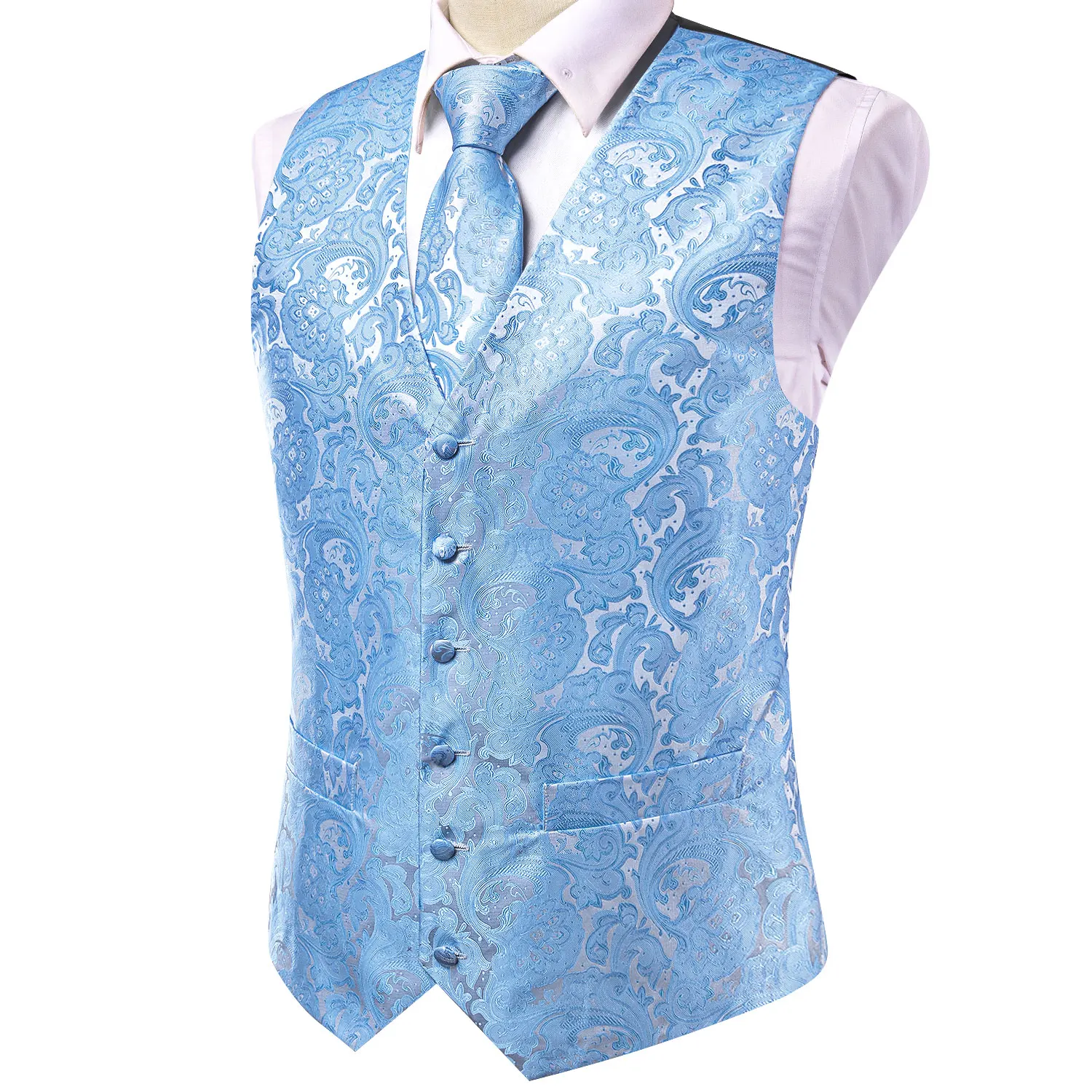 Silk Mens Wedding Vest Tie Set Sleeveless Western Waistcoat Jacket Necktie Hanky Cufflinks Sky Blue Coral Beige Silver Burgundy