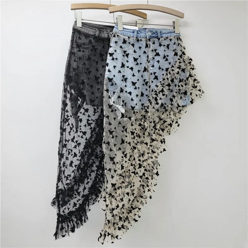 

Популярная девушка в американском стиле, нерегулярная сетка, вышивка, бабочка, полуюбка с джинсовой эластичной короткой юбкой трапециевидной формы, женская одежда