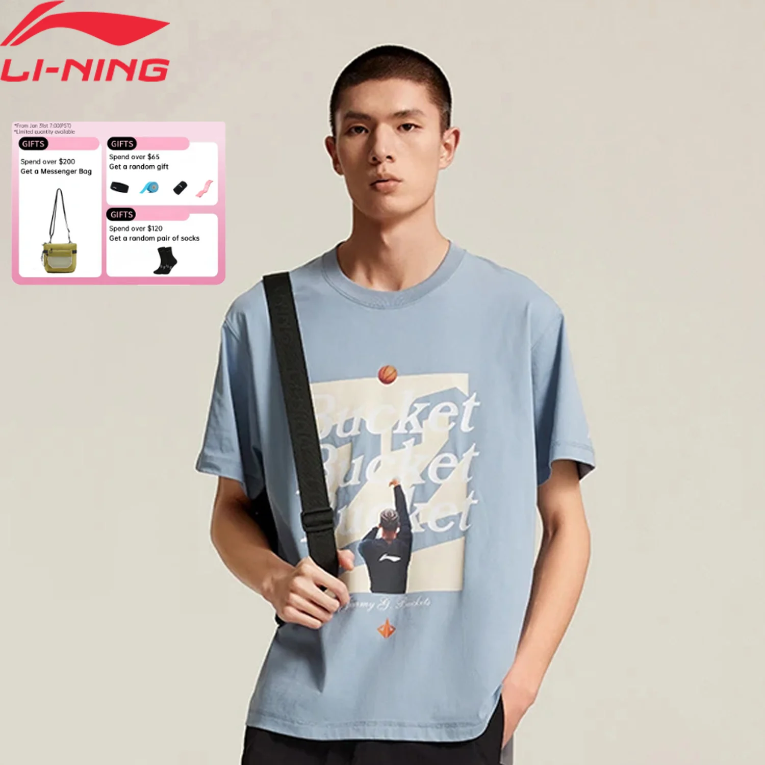 

Li-Ning Men's JIMMY BUTLER Basketball T-shirt 73%Cotton 27%Polyester Loose Fit Breathable LiNing Leisure Sports Pullover AHSV401