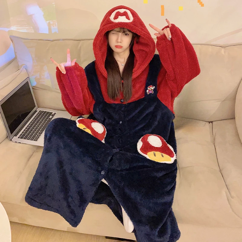 Super Marios Cosplay Flannel Pajamas for Women Thickening Winter Warm Sleepwear Hooded Jumpsuit Anime Kigurumi Onesies for Girls