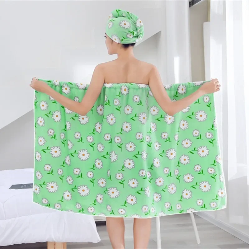 Printed Strapless Bath Skirt Hair Cap One Set Soft Absorbent Wrap Towel Women Summer Quick Dry Shower Wearable Bathrobe Set Kit