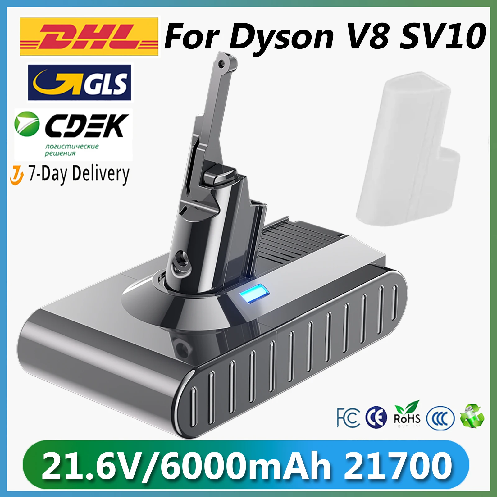 

6000mAh Replacement Battery for Dyson V8, 21.6V 6.0Ah Li-Ion, with Dyson V8 Series V8 Absolute V8 Fluffy SV10 Cord-Free Vacuum