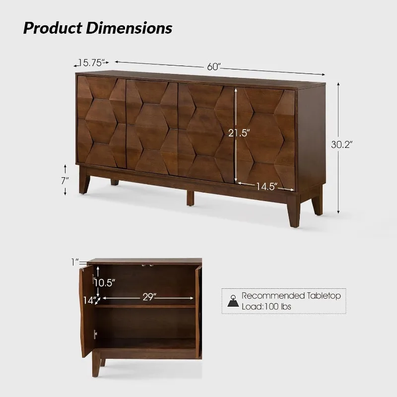 ตู้บุฟเฟ่ต์ไซด์บอร์ด Mid Century พร้อมขาไม้เนื้อแข็ง ตู้เก็บของในครัว 60 นิ้ว Credenza 4 ประตูและ 2 วินาที