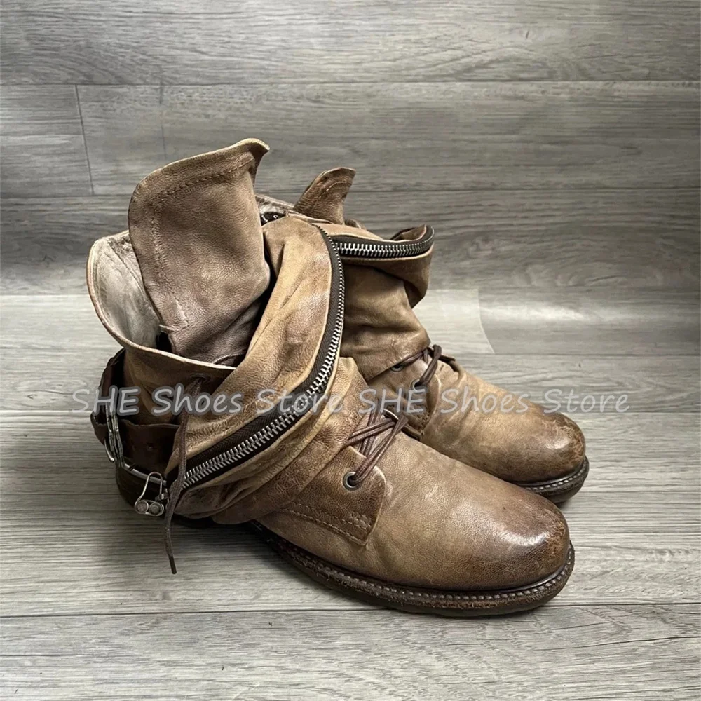 Vintage Distressed Design Pu Leather Ankle Boots Male Sewing Decor Fold Over Side Zipper Short Boots Outside Motorcycle Boots