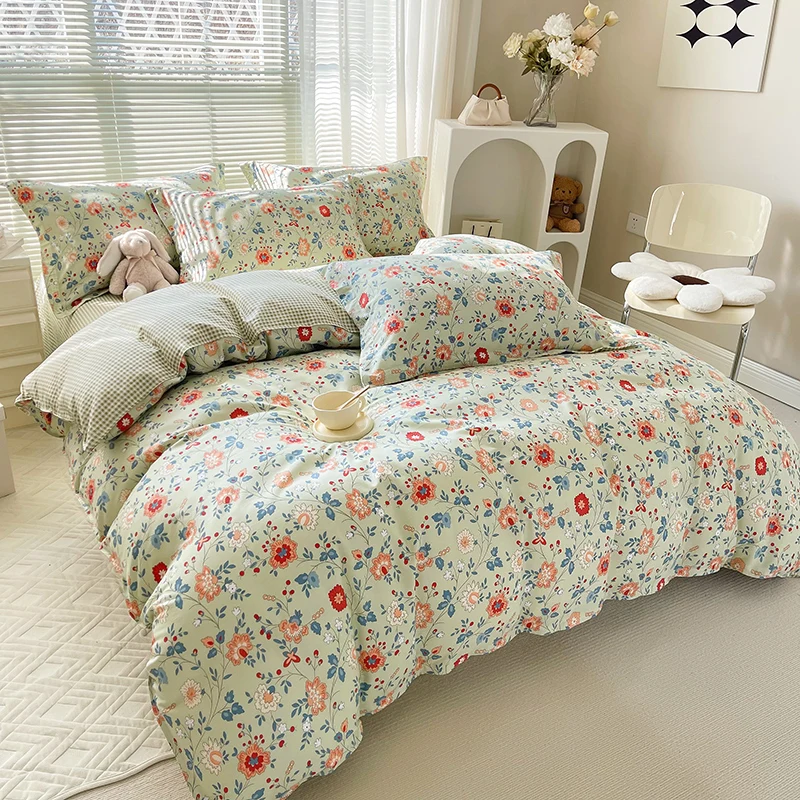 Pastoral Floral Style Duvet Cover Set Cotton Bedding Set Bedroom Comfortable Skin-friendly Zipper Quilt Cover with 2 Pillowcases